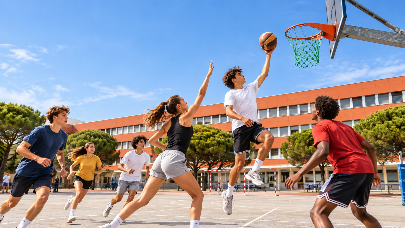 Élèves pratiquant le basketball dans la cour du lycée Saint-Exupéry