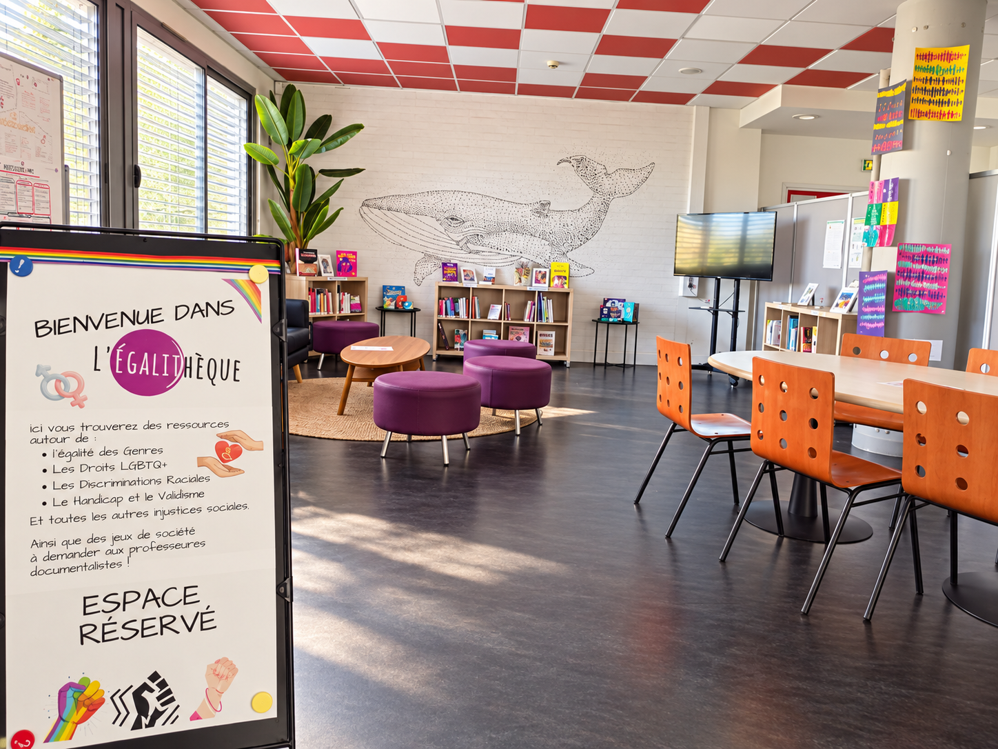 Vue d’ensemble de l’Égalithèque au CDI du lycée Saint-Exupéry