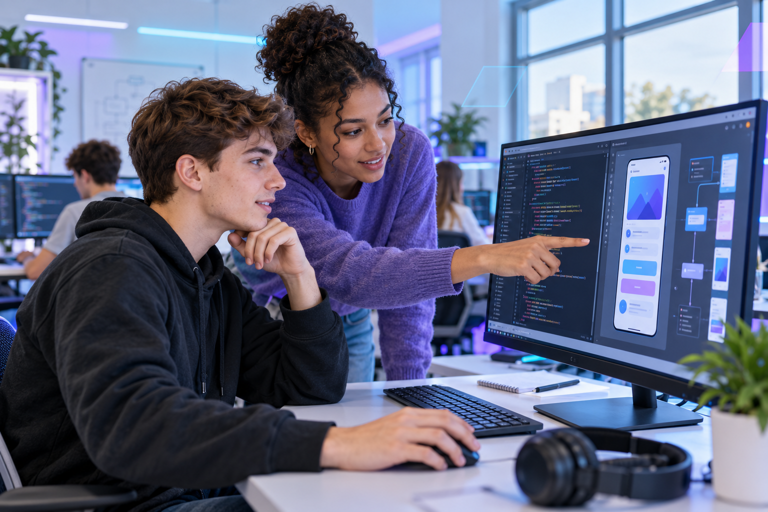 Deux étudiants conçoivent une application devant un écran affichant du code et une interface