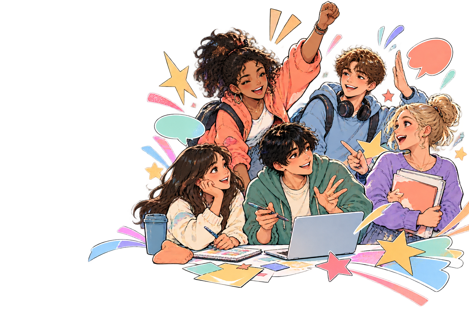 Illustration de lycéens réunis pour imaginer un projet collectif