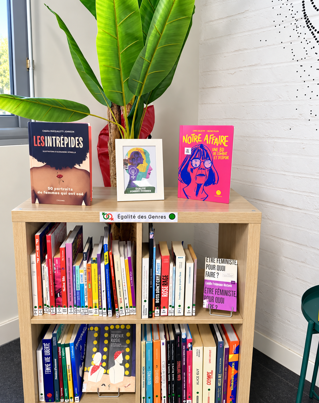 Rayonnage de livres sur l’égalité des genres dans l’Égalithèque
