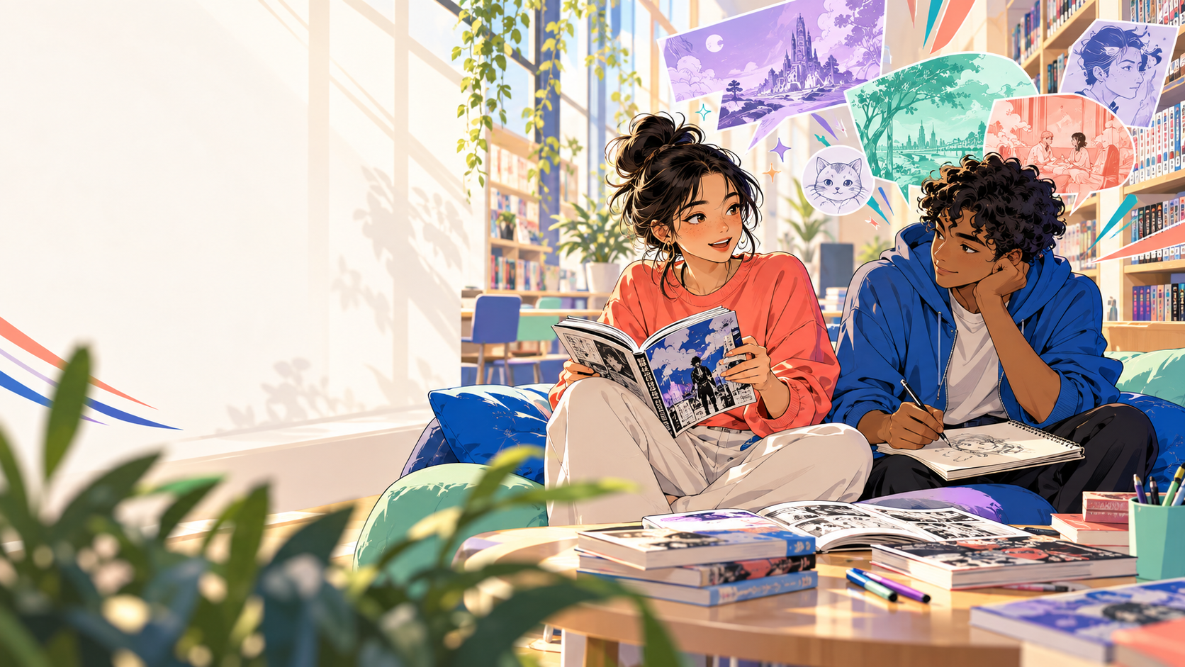 Illustration originale de deux lycéens découvrant des mangas et dessinant dans un espace de lecture