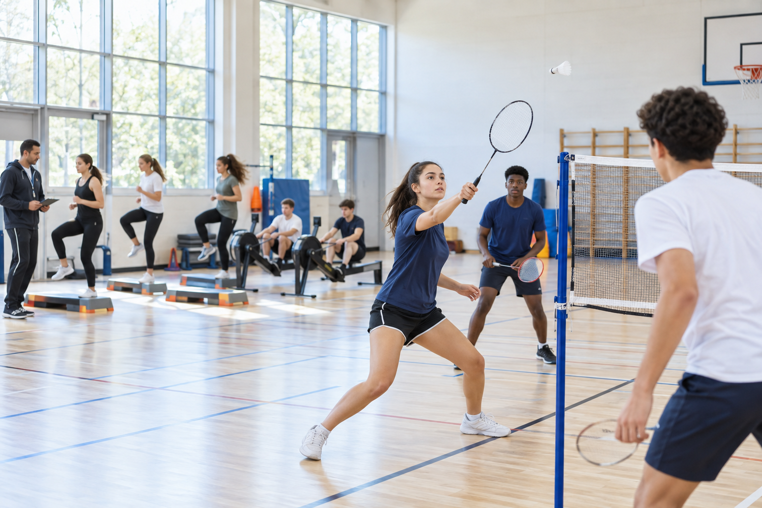 Des lycéens pratiquent le badminton, le step et l’ergomètre pendant une séance d’EPS