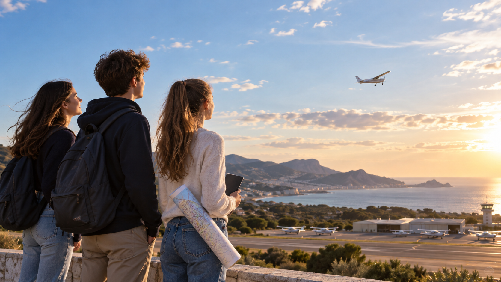 Lycéens observant un avion en vol au-dessus de la Côte d’Azur