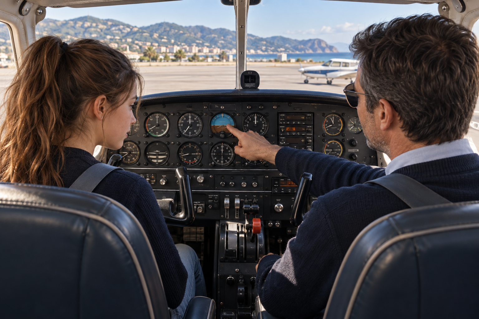 Élève découvrant les instruments d’un cockpit avec un instructeur