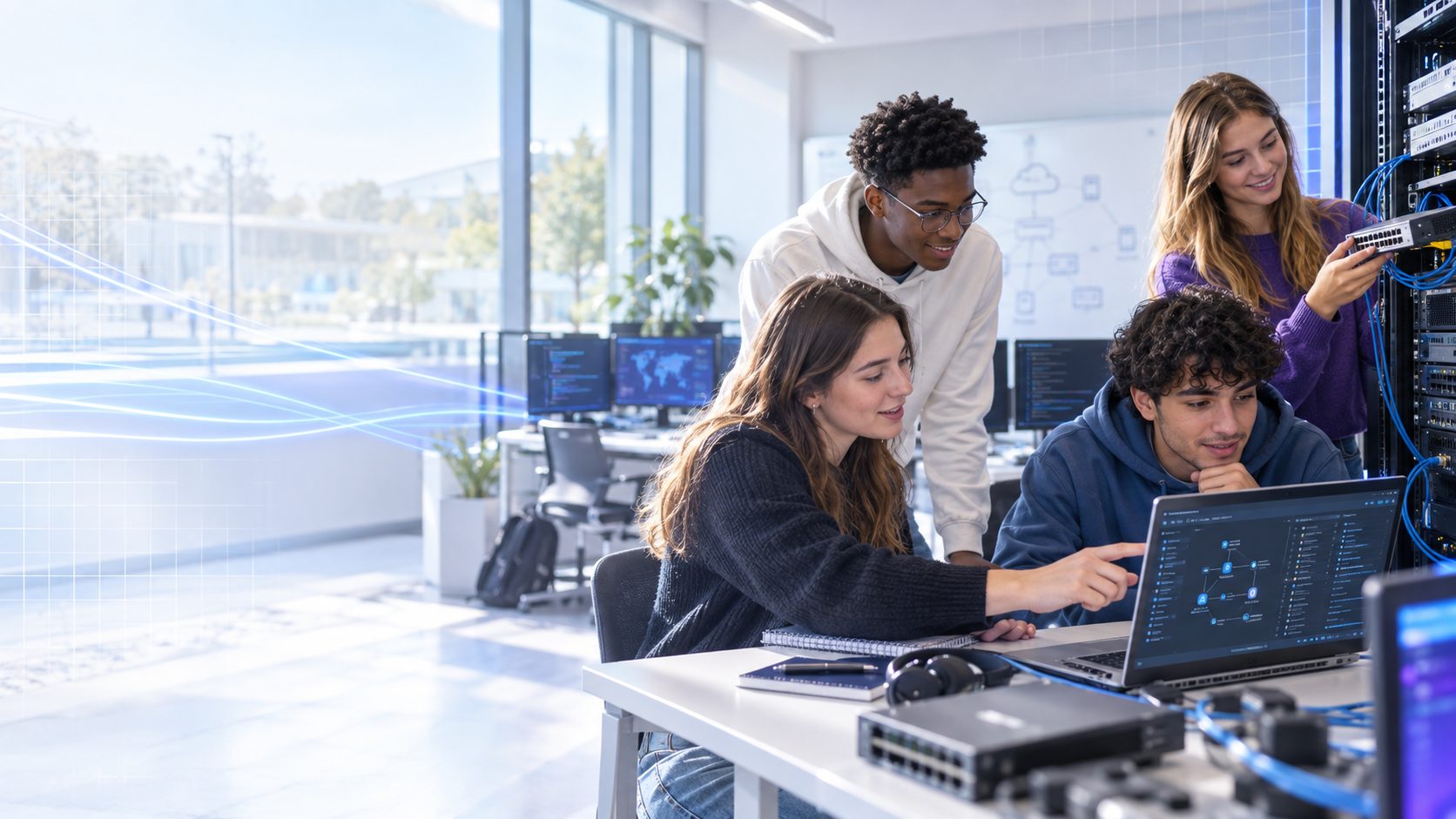 Quatre étudiants travaillent ensemble sur un projet informatique dans une salle équipée