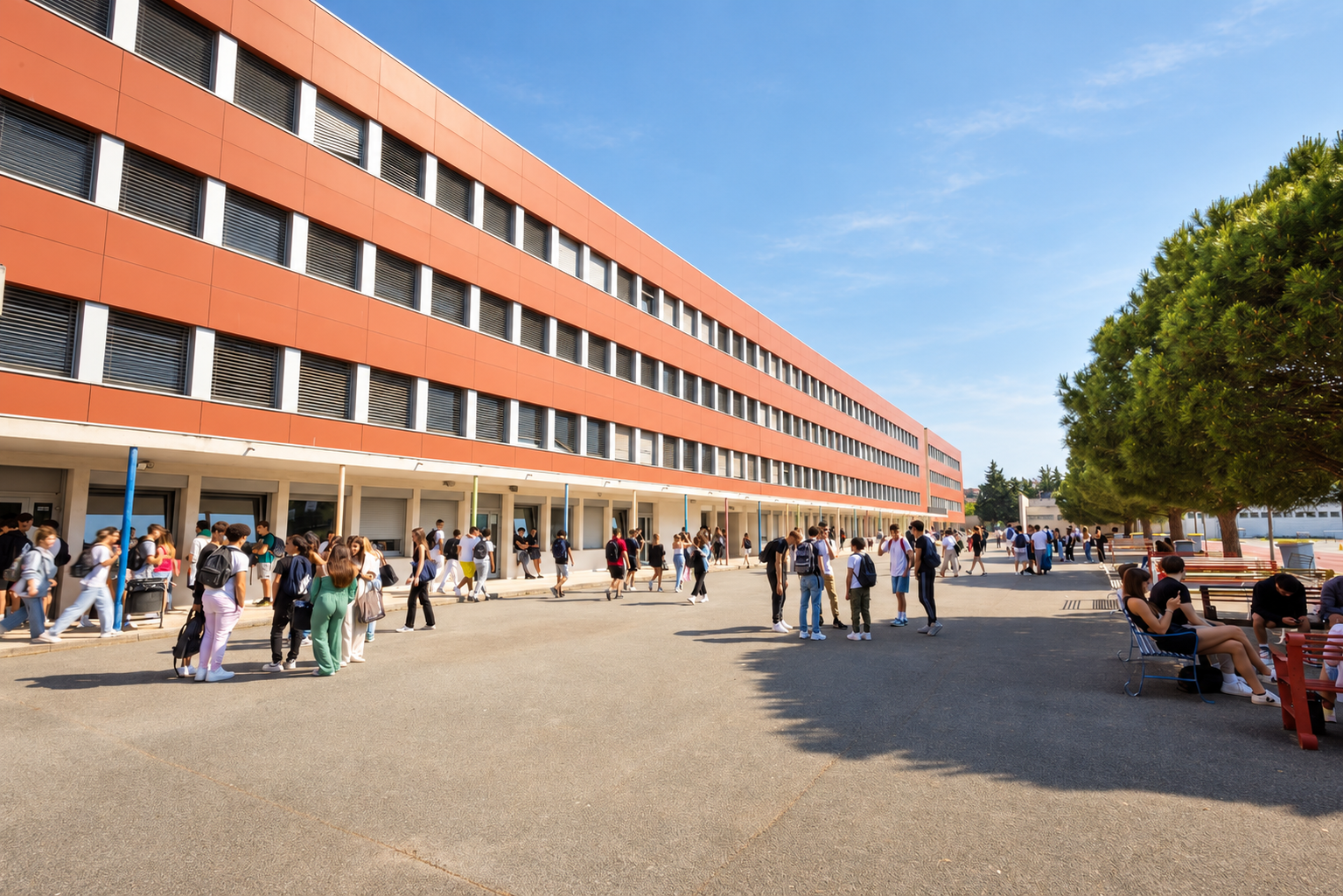 Vue générale du bâtiment principal et de la cour du lycée Antoine de Saint-Exupéry à Saint-Raphaël
