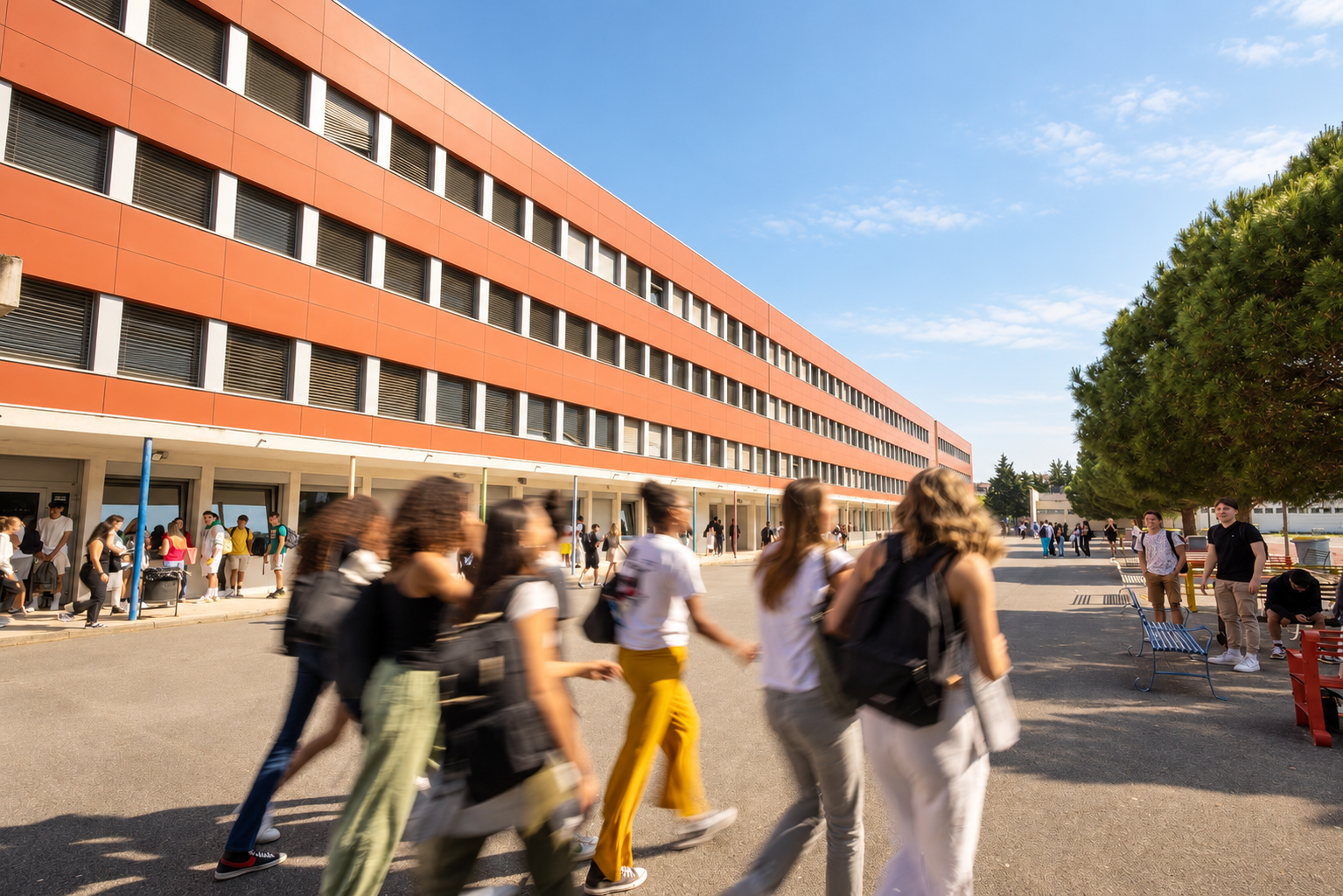 Élèves en mouvement dans la cour devant le bâtiment principal du lycée Antoine de Saint-Exupéry à Saint-Raphaël