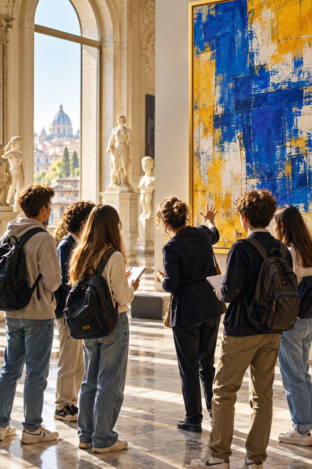 Un groupe de jeunes observe une œuvre bleue et jaune dans un musée européen.