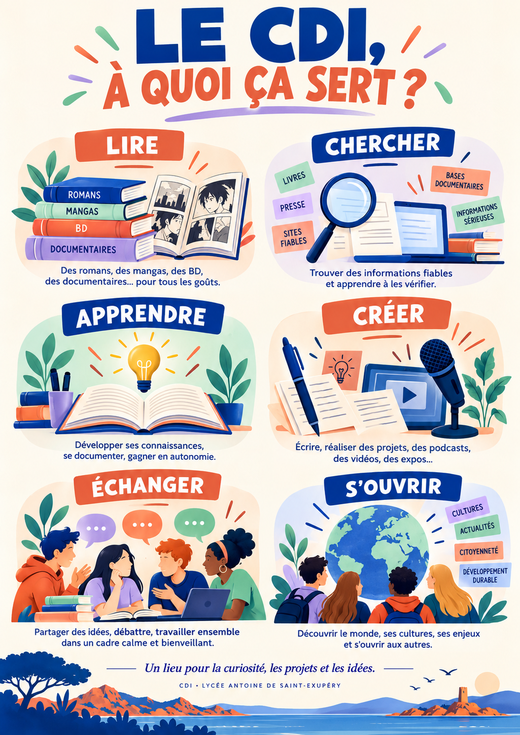 Infographie présentant six usages du CDI : lire, chercher, apprendre, créer, échanger et s’ouvrir