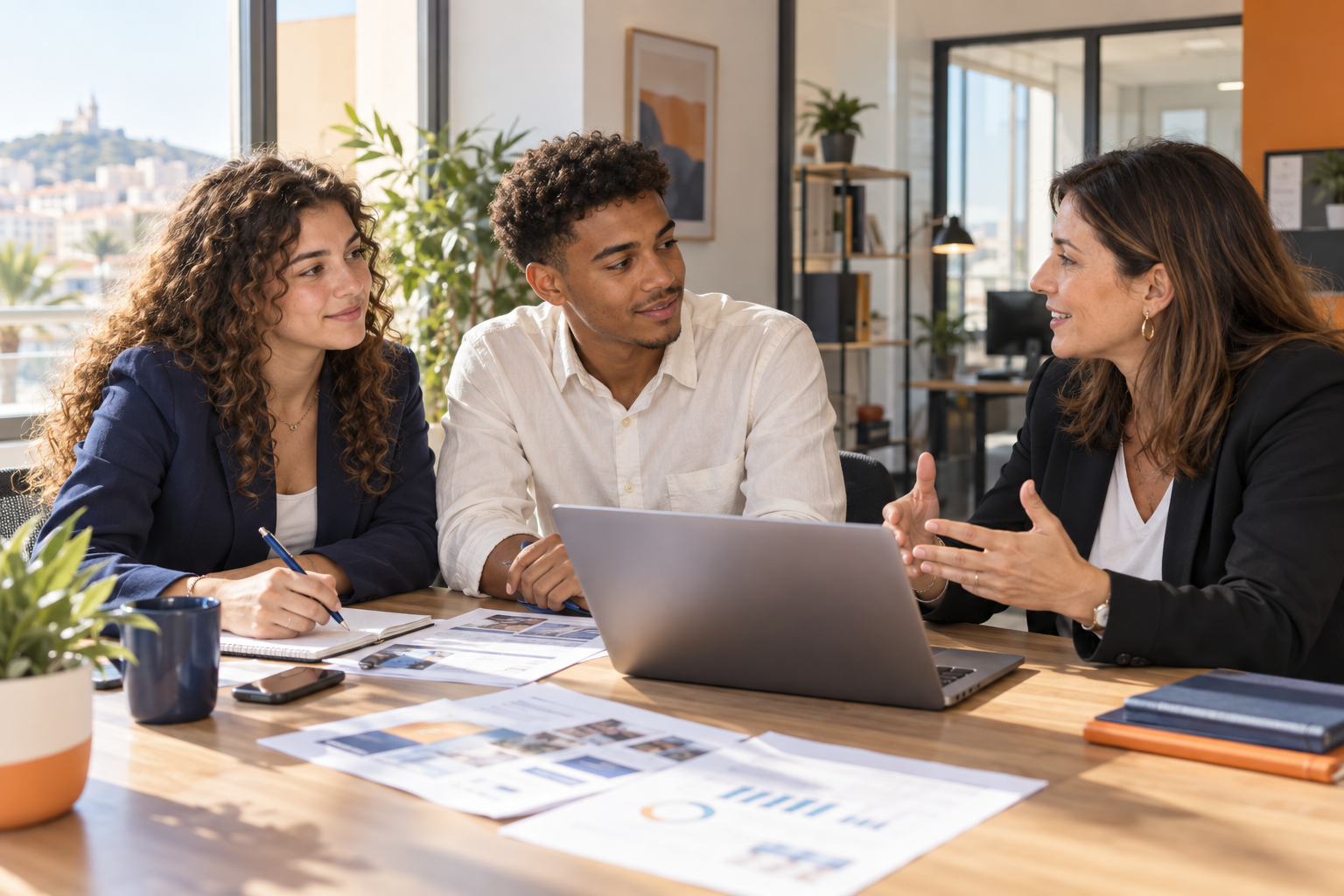Travail collaboratif autour d’un ordinateur.