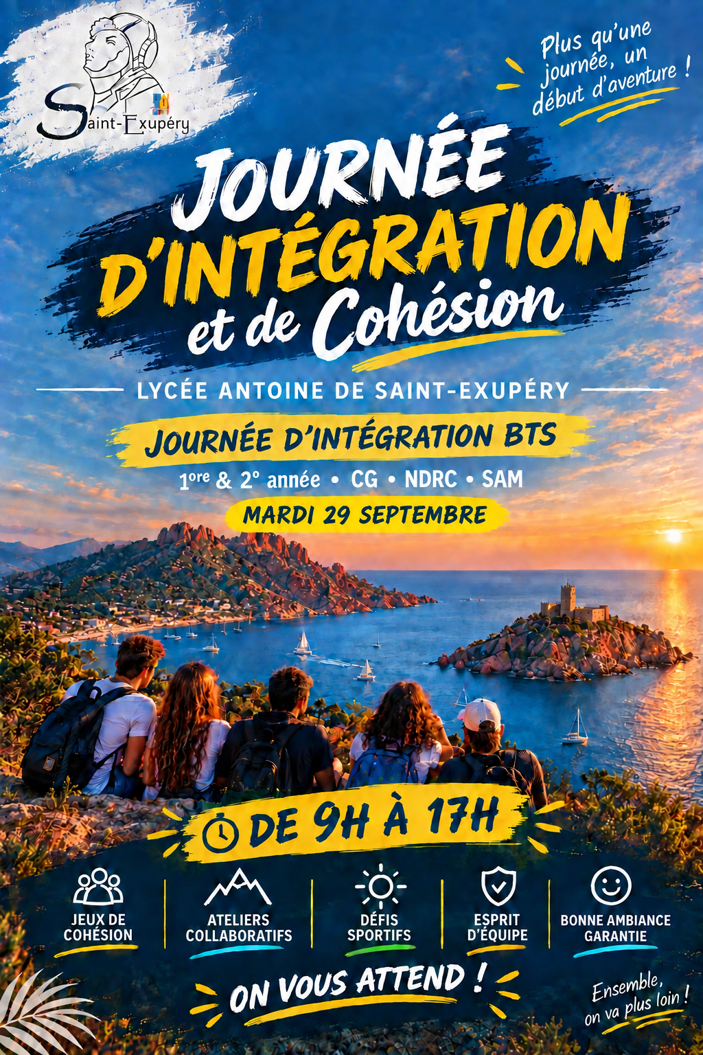 Affiche de la journée d’intégration et de cohésion des BTS CG, NDRC et SAM, mardi 29 septembre 2026 de 9 h à 17 h.
