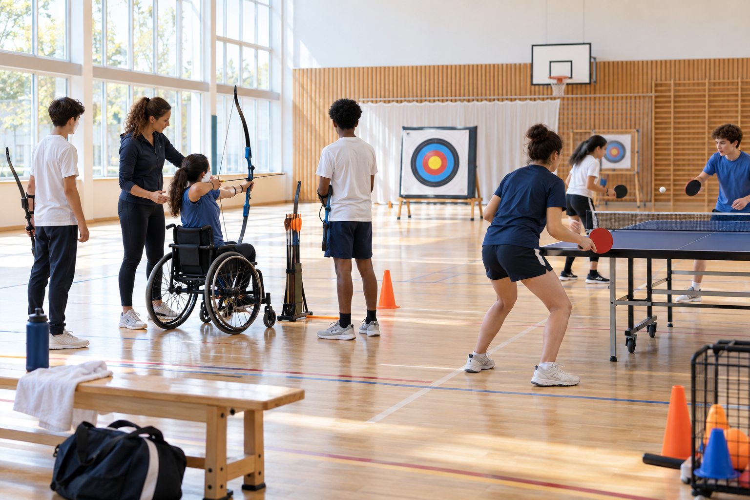 Des lycéens participent à des activités adaptées de tir à l’arc et de tennis de table dans un gymnase lumineux