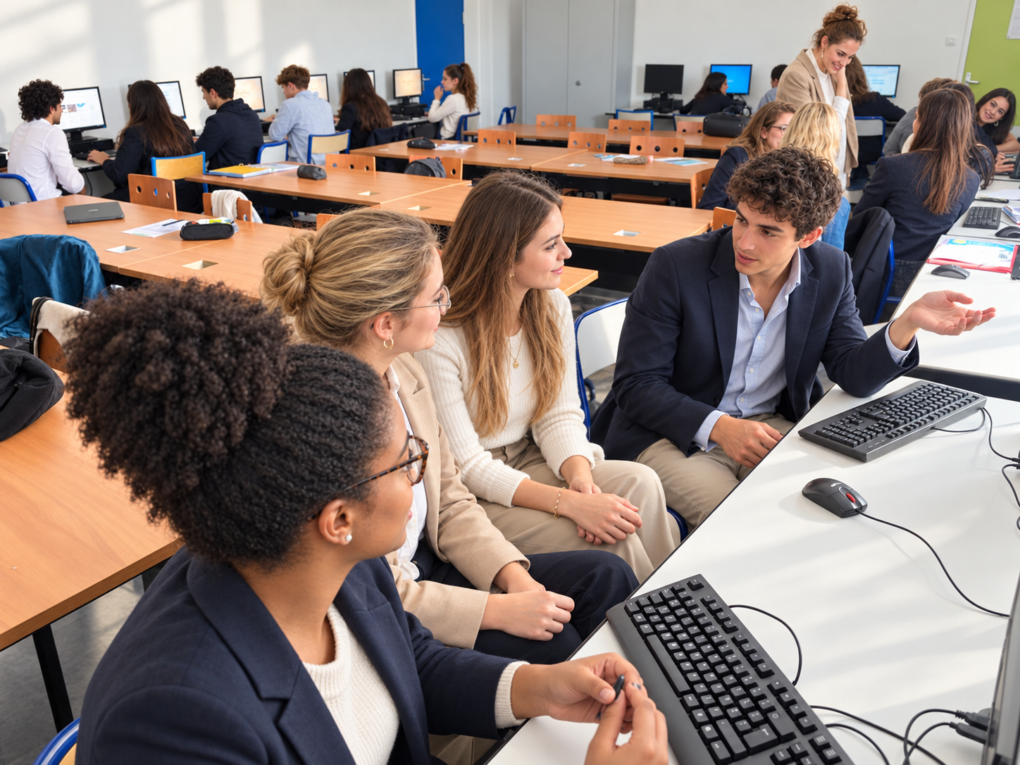 Étudiants échangeant autour de postes informatiques.