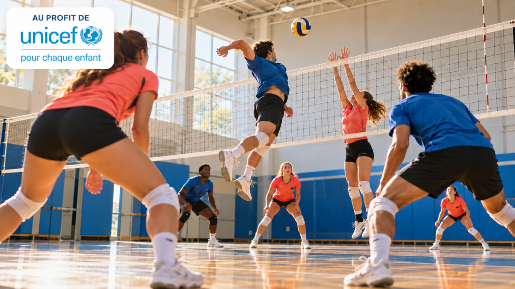 Illustration d’un match de volley entre jeunes adultes dans un gymnase, avec le logo UNICEF et la mention « Au profit de l’UNICEF ».
