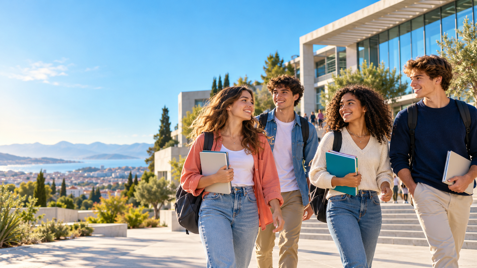 Quatre futurs étudiants souriants marchent ensemble vers un campus universitaire