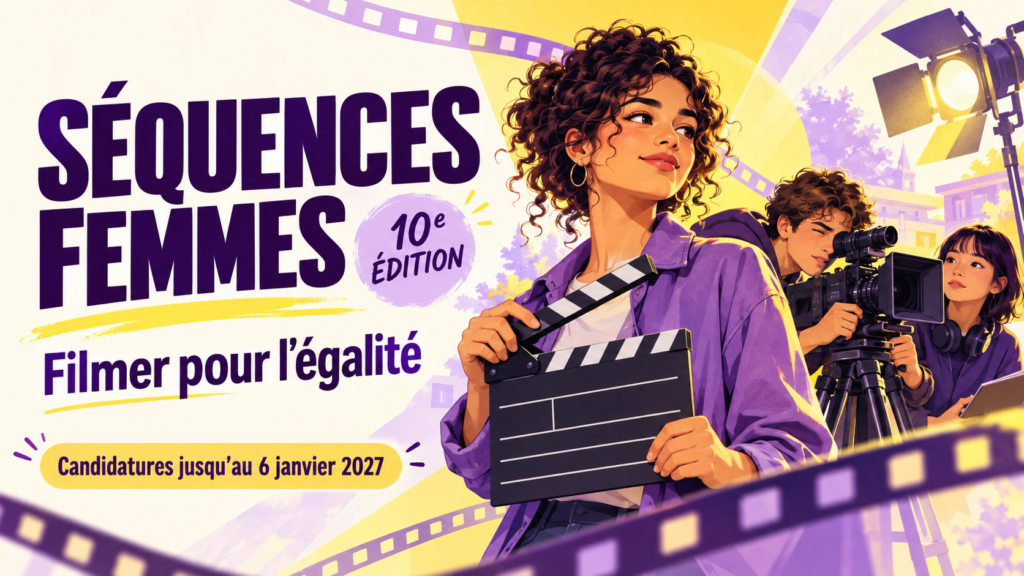 Illustration d’une jeune réalisatrice tenant un clap et d’une équipe de tournage pour le concours Séquences Femmes 2027.
