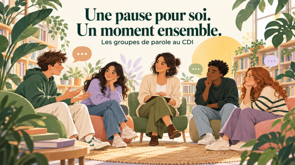 Illustration de lycéens et d’une adulte échangeant dans un espace chaleureux du CDI, entourés de livres et de plantes.